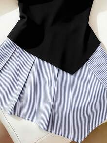 SHEIN Franclia 女士条纹拼接翻领无袖连衣裙 - 黑色 - 查看 5