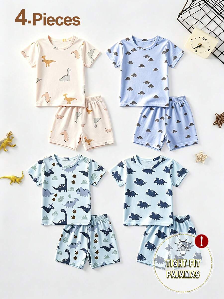 Baby Boys Dinosaur Print Snug Fit Knit Soft Short Sleeve Shorts Pajama Set - Multicolor - View 1