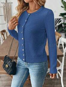 EMERY ROSE Women's Solid Color Single-Breasted Casual Versatile Daily Wear Cardigan - Dusty Blue - View 5