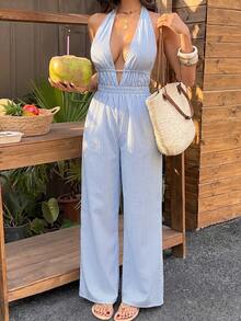 Sunnyshic Bộ jumpsuit nữ kẻ sọc cổ chữ V khoét sâu, hở lưng, dáng suông, ôm eo, gợi cảm và thanh lịch theo phong cách Âu Mỹ, thích hợp cho kỳ nghỉ hè ở bãi biển. - Màu xanh lam - Xem 3