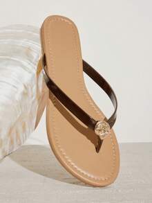 SHUZIA Women's Seashell T-Strap Round Toe Flip Flops Thong Pool Sandals - Coffee Brown - View 5