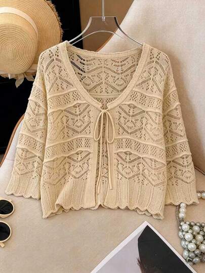 GlowEve CURVE Plus Size Elegant Hollow Out 3/4 Sleeve Round Neck Tie Bow Cardigan