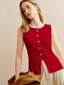 Pariaura Blusa de punto con cuello redondo y botones delanteros, elegante y minimalista para uso diario - Rojo - Ver 6