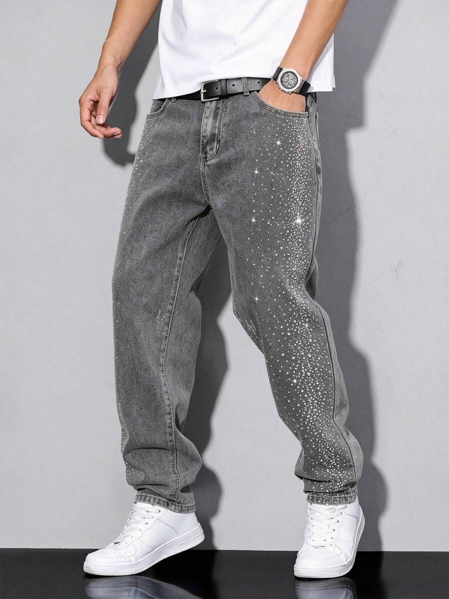 Manfinity Roghcode Jeans con adornos de rhinestones lavados para hombre - Gris - Ver 1