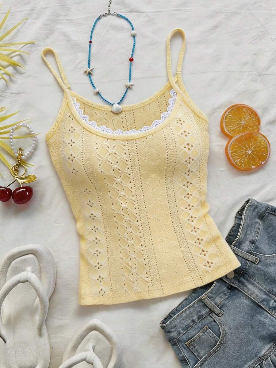 DrmWander Women's Summer Casual Vacation Contrast Lace Schiffy Fitted Camisole Top - Apricot - View 1