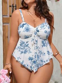 Swim Mod 2026 Model Bikini Tanpa Punggung Motif Bunga Biru Tua yang Manis, Menawan, dan Memberikan Dukungan untuk Ukuran Plus, Cocok untuk Liburan Musim Panas dan Pantai - Blue and White - View 4