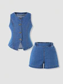 Tween Girls Denim Set Summer New European And American Fashion Sleeveless High Waist Denim Shorts Set Dark Blue Raw Denim Vest + Shorts Two Pieces Set Casual Sport Daily Basic Outfit Vacation Cotton Summer Wear Children's Denim Set Kids Girl Two Pieces Set - Medium Wash - View 4