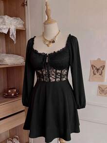 CovetEZ Abito nero elegante e sexy in pizzo, taglio a-line, per taglie comode - nero - Visualizzare 4