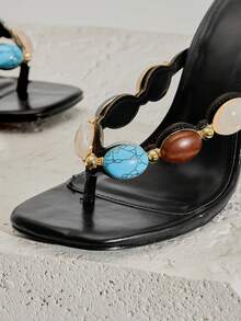 SHUZIA Sandal wedges slip-on wanita yang nyaman, tahan lama, dan dihiasi batu permata. - Hitam - View 7