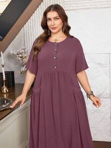 Lacomfia Women's Short Sleeve Loose Elegant Comfortable Minimalist Plus Size Dress With Pockets - Dusty Purple - View 3