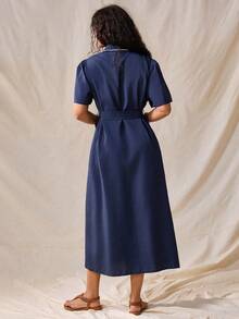 Nubod Plus Size Summer Casual Front Button Shirt Dress - Blue - View 2