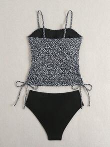 Swim Lushoire 女士吊带泳衣套装，泡泡纱面料碎花泳裤，配有可调节肩带，休闲沙滩度假吊带背心 - 黑色 - 查看 3