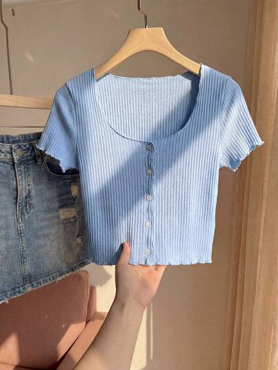 Comfortcana Plus Size Sweet Basic Blue Knit Short Sleeve T-Shirt, Summer