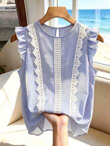 GlowEve CURVE Plus Size Round Neck Ruffle Sleeve Lace Patchwork Blue & White Striped Cropped Shirt - Blue and White - View 3