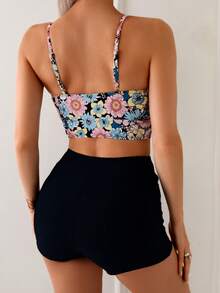 Swim Lushoire Áo Tankini mùa xuân cho nữ có dây đeo vai có thể điều chỉnh, quần lót màu trơn cạp cao, dáng ôm, mặc đi biển, tiệc hồ bơi, đi chơi, bảo thủ, đa năng - màu đen - Xem 2