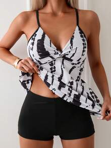 Swim Lushoire Bikini Cami Họa Tiết Ngẫu Nhiên Cho Nữ - Đen và trắng - Xem 1