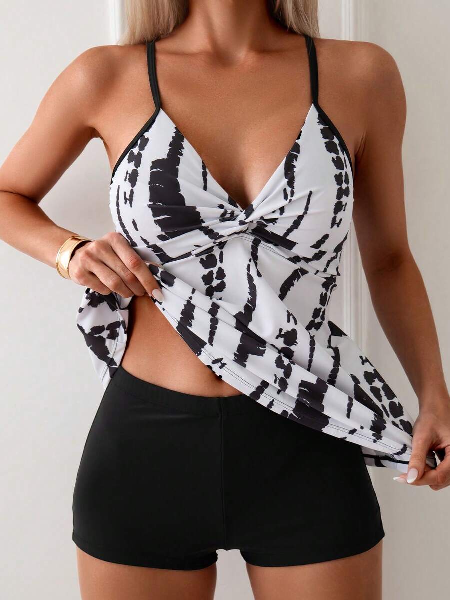 Swim Lushoire Bikini Cami Họa Tiết Ngẫu Nhiên Cho Nữ - Đen và trắng - Xem 1
