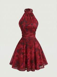Skyraze Backless Bow Tie Flowy Abstract Floral Mini Dress - Burgundy - View 5