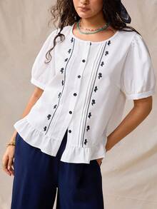 GlowEve CURVE Plus Size Women's Elegant Short Sleeve Round Neck Open Front Embroidered Blouse, Summer Office White - White - View 3