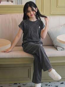 SHEIN Conjunto informal de 2 piezas de niña preadolescente con cuello redondo y manga corta de punto - Negro - Ver 14