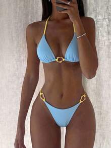 Swim Vcay Bộ bikini tam giác gợi cảm, màu trơn, kiểu dáng thời trang mới dành cho nữ, kiểu cổ yếm, hở lưng, đính kim loại, thích hợp cho mùa hè đi biển. - Nhiều màu - Xem 3