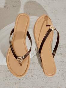 SHUZIA Women's Seashell T-Strap Round Toe Flip Flops Thong Pool Sandals - Coffee Brown - View 6