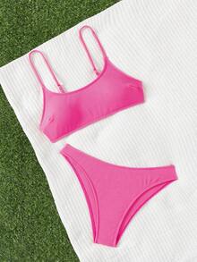 SHEIN Swim Women's Solid Color Pink Bikini Set For Summer Beach, Bathing Suit Set - Hot Pink - View 3