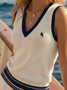 Balvessa Contrast Color V-Neck Striped Waist Embroidered Sleeveless Knit Vest & Matching High Waist Striped Knit Shorts 2-Piece Set For Women - Multicolor - View 6