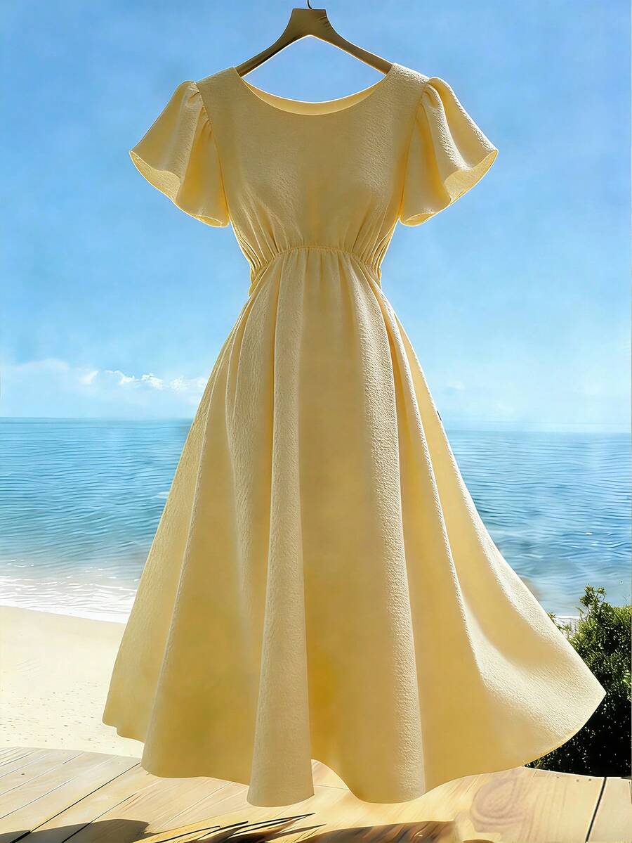 SHEIN Franclia 女款圓領荷葉袖淡黃色A字長洋裝,夏季優雅度假野餐波希米亞休閒度假風正式派對禮服 - 淡黃色 - 查看 1