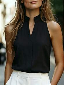 Balvessa Women's Sleeveless Stand Collar Pure Cotton Shirt, Multifunctional And Slimming - Black - View 5