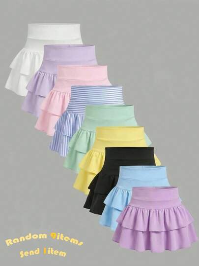 SHEIN Girlism Tween Girls Knitted Solid Color Cute Ruffle Layered Built-In Shorts Mini Skirt, Y2K Fashion, Back To School