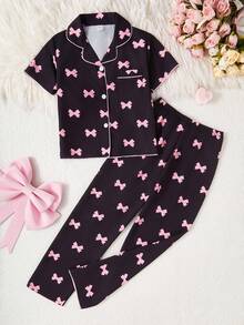 SHEIN Genkimix Kids Bộ đồ ngủ 2 món in họa tiết quả anh đào dễ thương dài tay và ngắn tay rộng rãi cho bé gái tuổi mới lớn - màu đen - Xem 7