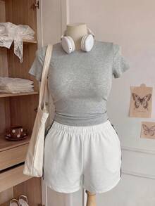 Comfortcana Plus Size Summer Sports White Contrast Color High Waist Super Short Shorts - White - View 7