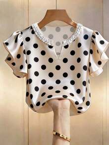 Camisa de satén color champán con cuello de perlas y mangas sueltas para mujer, blusa de satén corta con decoración de perlas elegante francesa, top de satén de manga corta con cuello de perlas elegante y delicado - Albaricoque - Ver 3