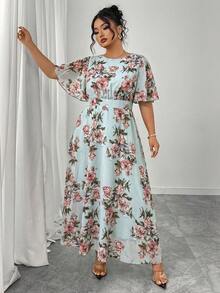 Modelyn Plus Size Women's Elegant Round Neck Ruffle Flare Sleeve Fitted Flowy Maxi Chiffon Dress, Spring/Summer - Multicolor - View 3