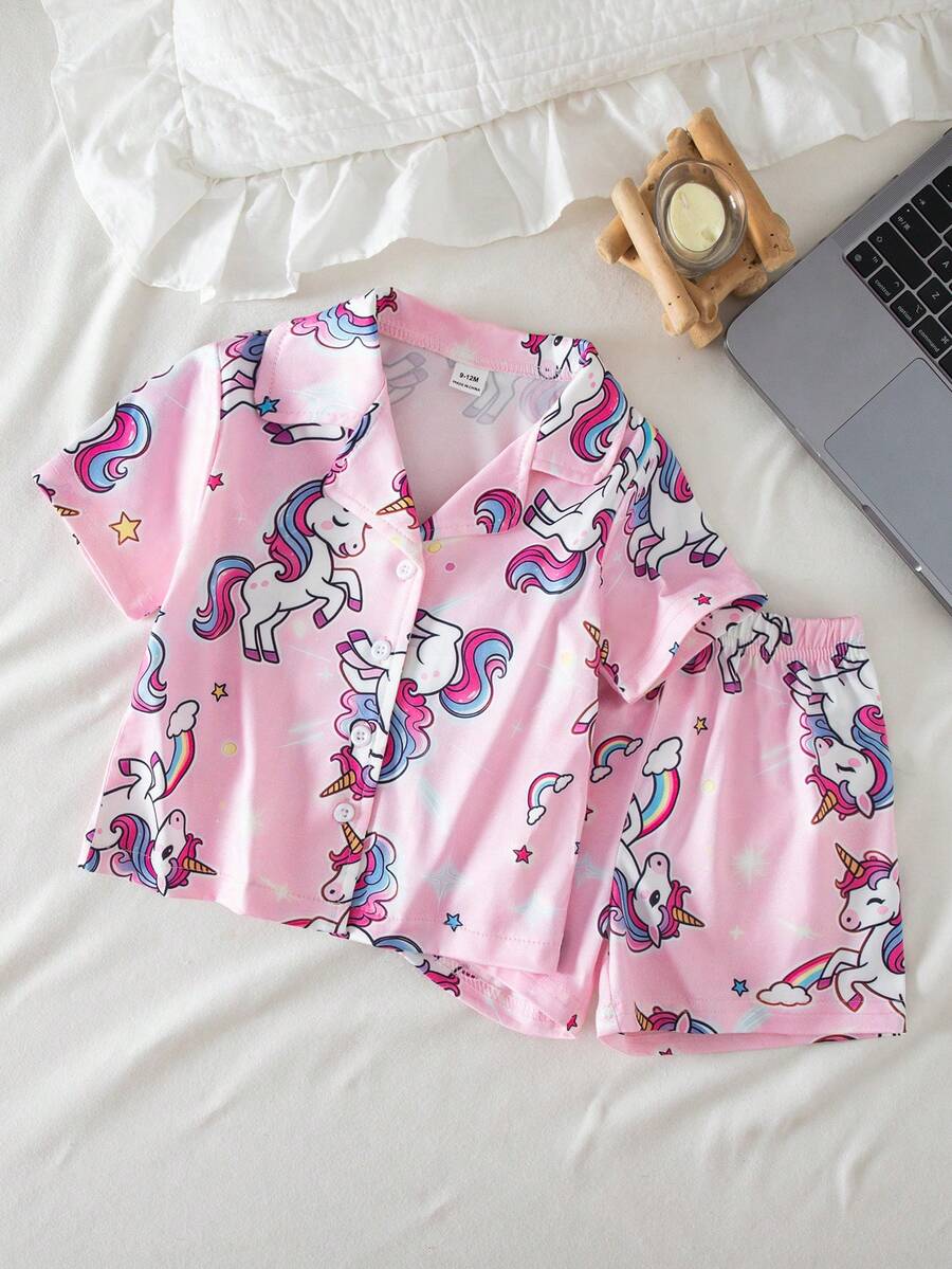 Baby Girls' Cute Plaid Bow Print Short Sleeve Cardigan Top And Shorts 2pcs Comfy Pajama Set - Pink - View 1