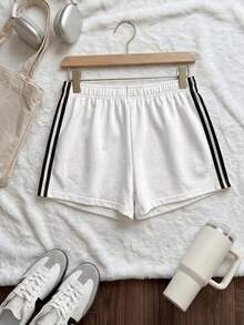 Comfortcana Plus Size Summer Sports White Contrast Color High Waist Super Short Shorts - White - View 5