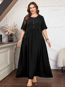 Lacomfia Women's Short Sleeve Loose Elegant Comfortable Minimalist Plus Size Dress With Pockets - Black - View 3