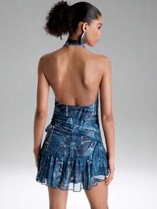 Women's Elastic Fabric Slim Fit Sleeveless Halter Neck Ruched Waist Slimming Pleated A-Line Handmade Tie-Dye Design Daily Commute Vacation Dress - Blue - View 3