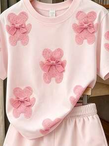 SHEIN 2件套，适合4-7岁女童，柔软甜美/活力四射的3D小熊蝴蝶结装饰短袖上衣+短裤套装，轻便舒适，适合日常穿着/上学/休闲玩耍，春夏秋季儿童服装 - 彩色 - 查看 3