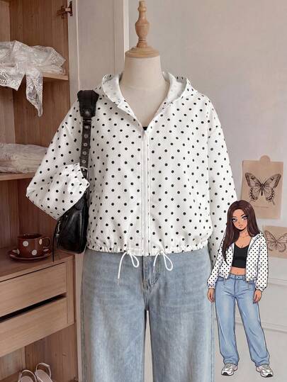 Comfortcana Plus Size Vintage Polka Dot Hooded Lightweight Windbreaker Jacket, Suitable For All Seasons