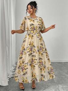Modelyn Plus Size Women's Elegant Round Neck Ruffle Flare Sleeve Fitted Flowy Maxi Chiffon Dress, Spring/Summer - Multicolor - View 4