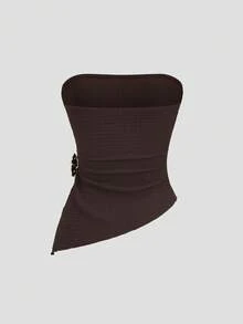 Sweetra Petite Women's Summer Casual Metal Decor Asymmetric Hem Tube Top - Brown - View 2