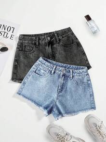 SHEIN 2件套少女蓝黑牛仔短裤 - 彩色 - 查看 1