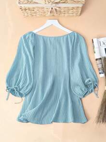 EMERY ROSE Elegant Women's Summer Dusty Blue Office Shirt,Plus Size Round Neck Short Lantern Sleeve With Bowknot Drawstring,Cat Eye Stone Button Striped Fabric - Baby Blue - View 2