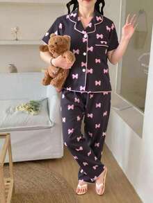 SHEIN Genkimix Kids Bộ đồ ngủ 2 món in họa tiết quả anh đào dễ thương dài tay và ngắn tay rộng rãi cho bé gái tuổi mới lớn - màu đen - Xem 3