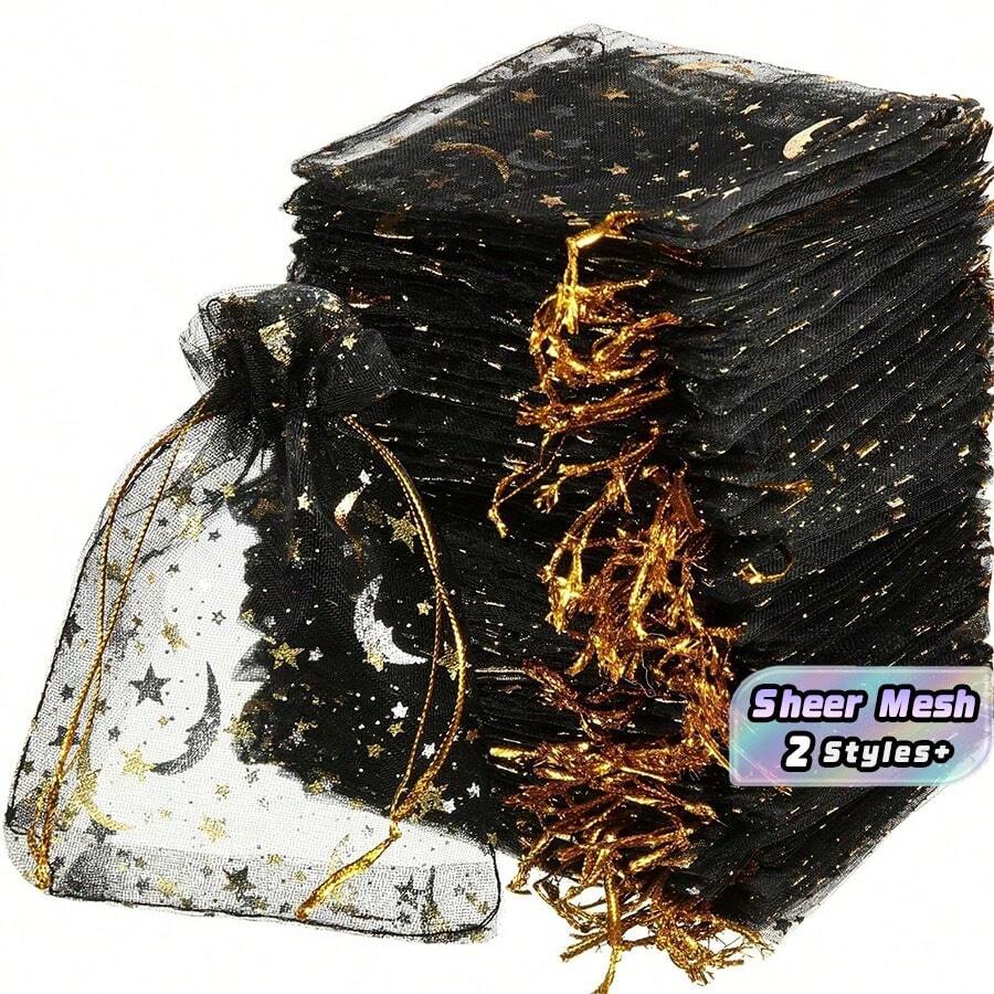 50个月亮星星抽绳欧根纱袋,尺寸3.5*4.7英寸,珠宝礼品袋,金色星星欧根纱派对回礼袋,适用于圣诞节、万圣节、婚礼、生日等场合。 - 多色 - 查看 1