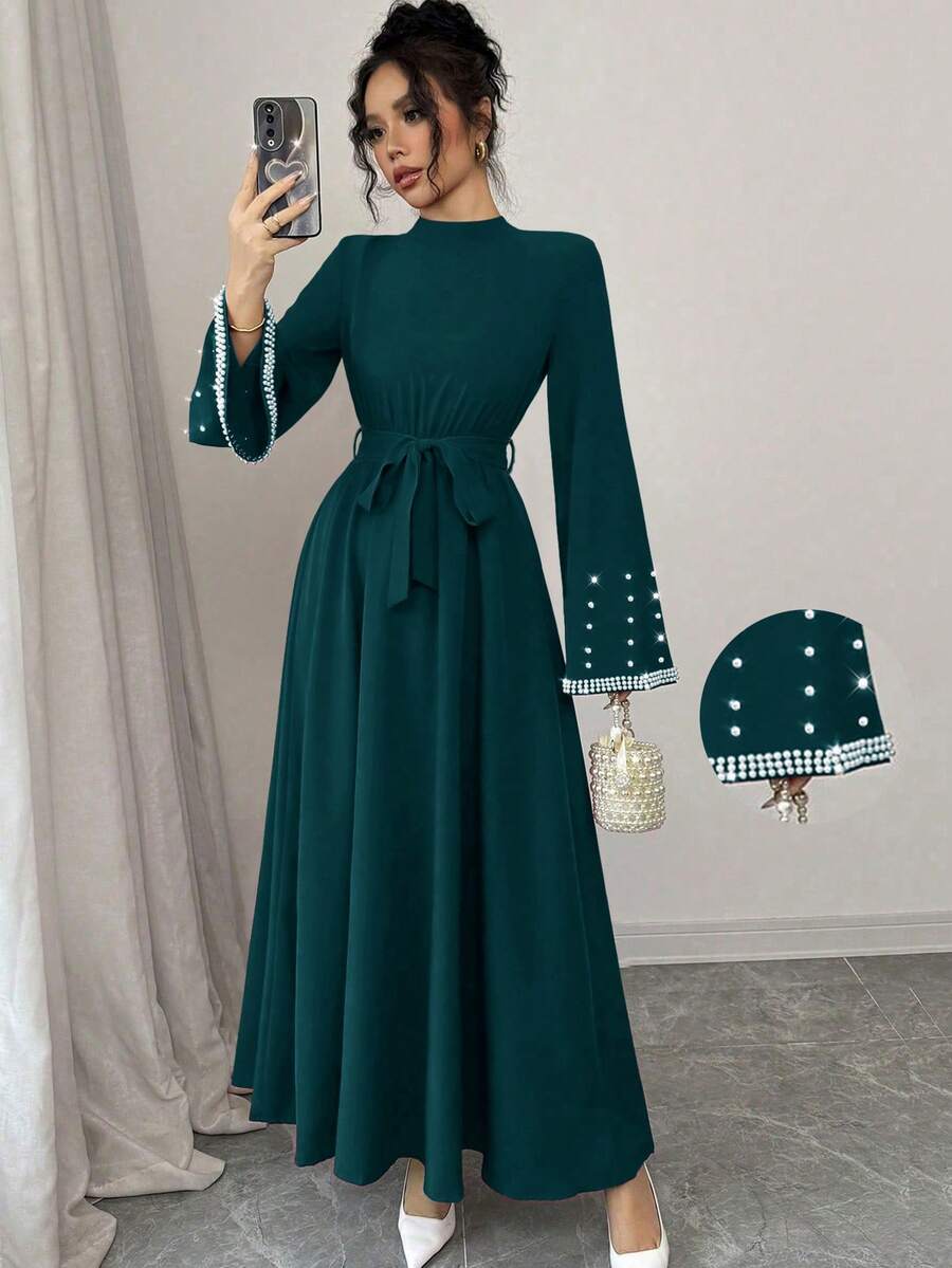 Elenzga Gaun Wanita Elegan dengan Leher Tinggi dan Lengan Mengembang - Dark Green - View 1