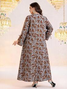 Al Najma Vestido plus size feminino de primavera/outono com estampa tropical de palmeiras, mangas com fenda e estilo árabe. - Multicolorido - Ver 3