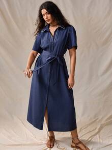 Nubod Plus Size Summer Casual Front Button Shirt Dress - Blue - View 7